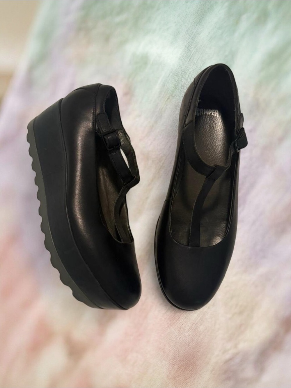 Camper Laika Black Leather Platform Wedge T-Strap Shoes size EU 38